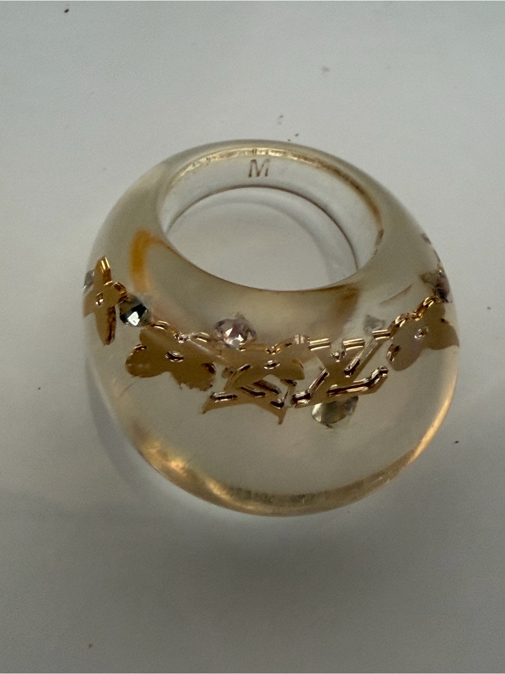 Louis Vuitton Clear Resin Dome Ring with Gold Floral Motif